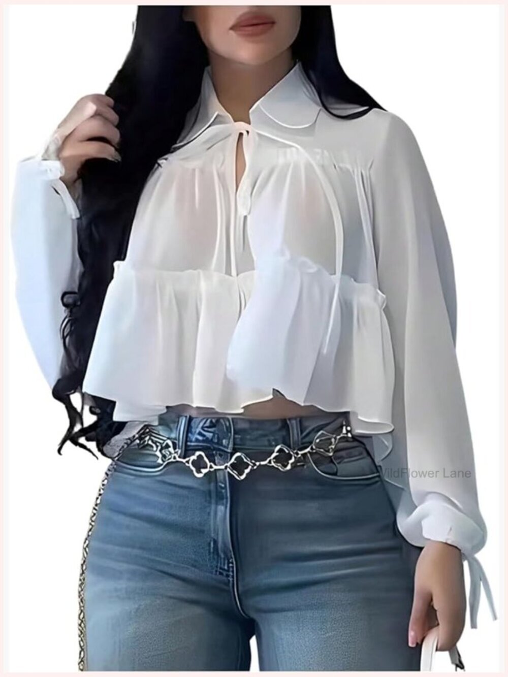 Sheer Peplum Top Ruffle Long Sleeve High Low Hem Chiffon Blouse